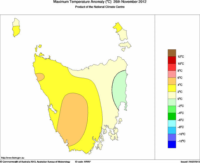 Daily maximum temperature anomaly for Tasmania
