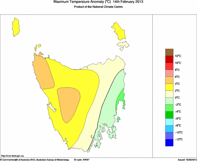Daily maximum temperature anomaly for Tasmania