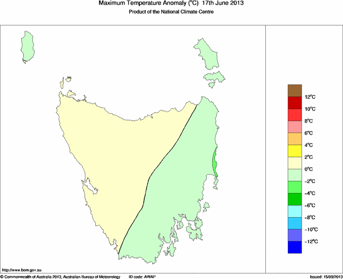 Daily maximum temperature anomaly for Tasmania
