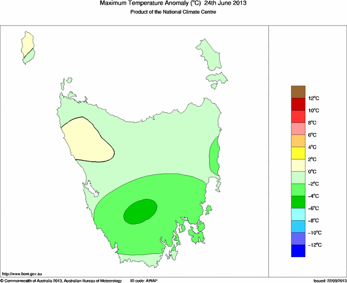 Daily maximum temperature anomaly for Tasmania