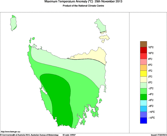 Daily maximum temperature anomaly for Tasmania