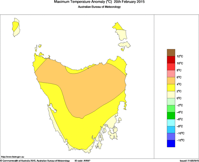 Daily maximum temperature anomaly for Tasmania