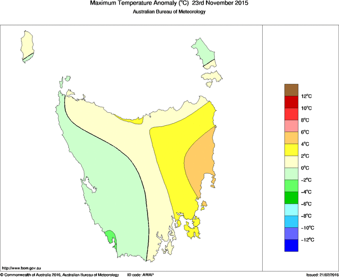 Daily maximum temperature anomaly for Tasmania