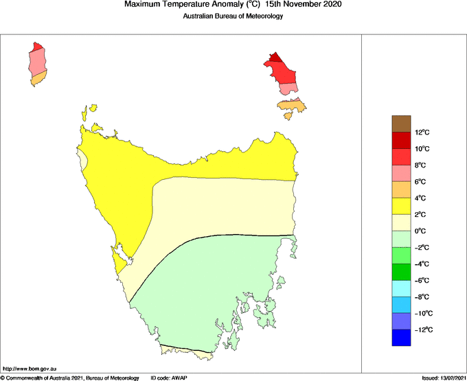 Daily maximum temperature anomaly for Tasmania