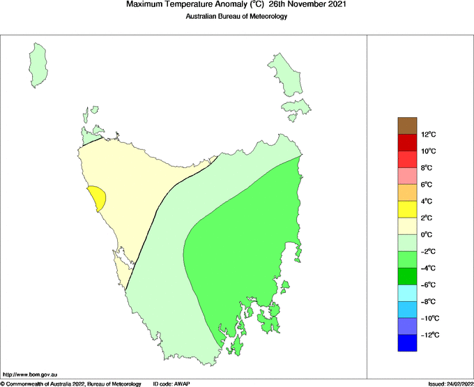 Daily maximum temperature anomaly for Tasmania