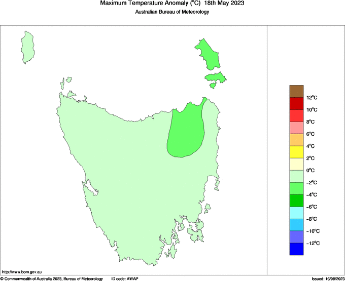Daily maximum temperature anomaly for Tasmania