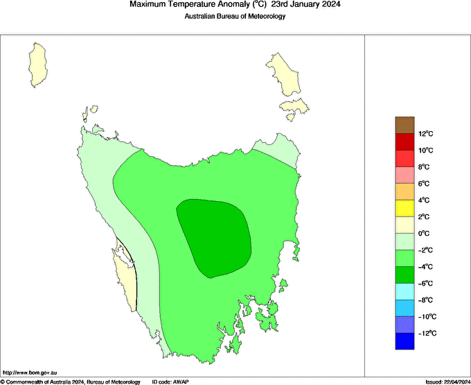 Daily maximum temperature anomaly for Tasmania