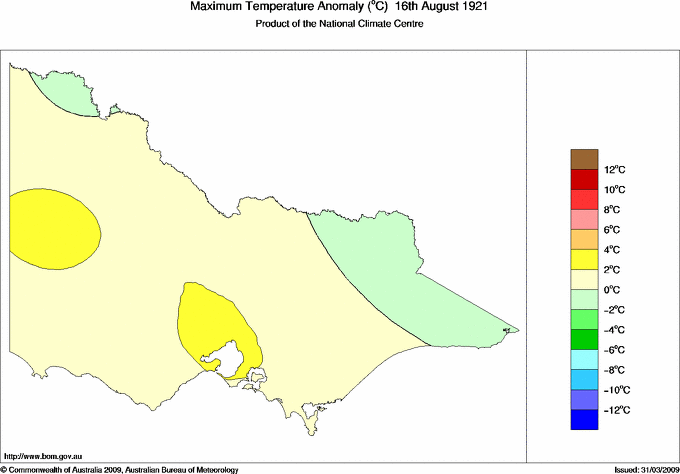 Daily maximum temperature anomaly for Victoria