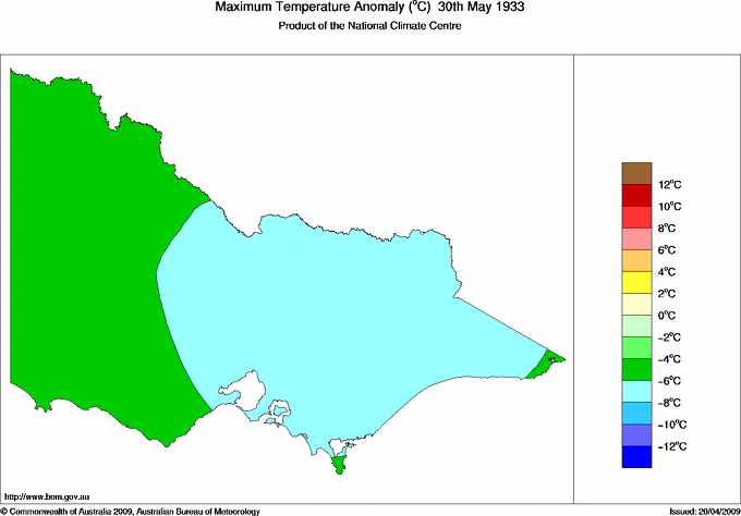 Daily maximum temperature anomaly for Victoria
