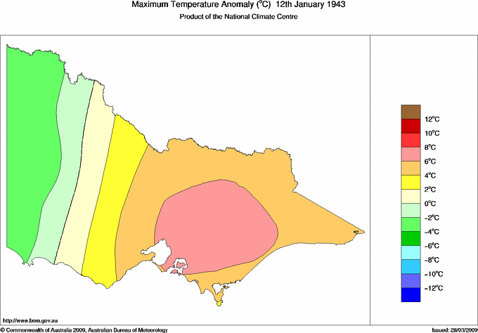 Daily maximum temperature anomaly for Victoria