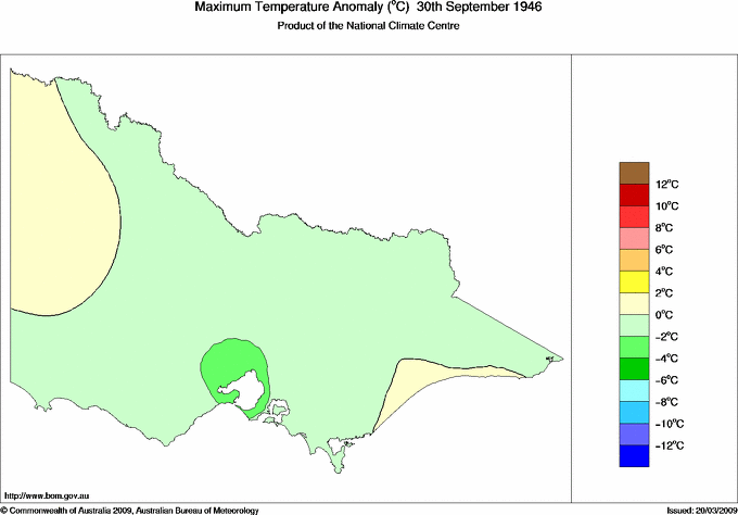 Daily maximum temperature anomaly for Victoria