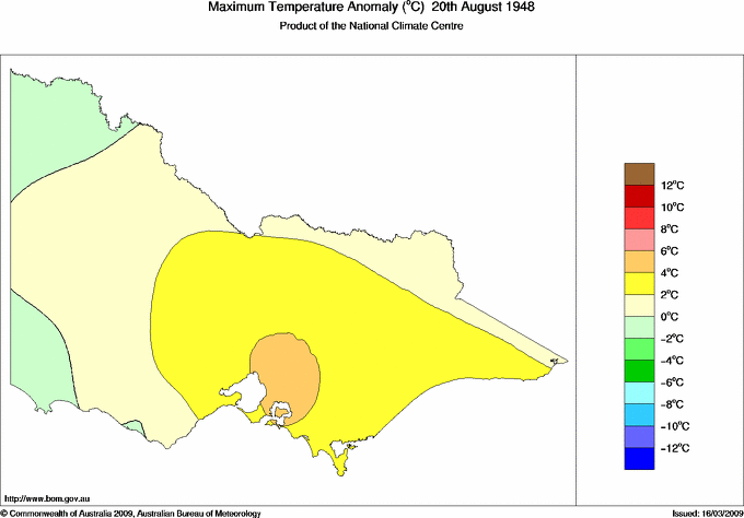 Daily maximum temperature anomaly for Victoria