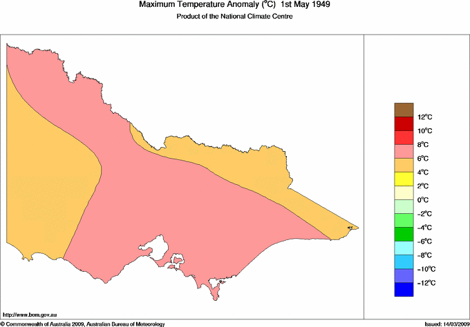Daily maximum temperature anomaly for Victoria