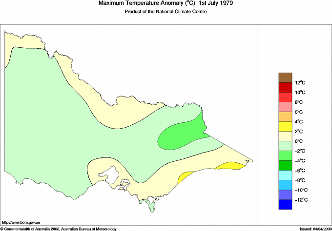Daily maximum temperature anomaly for Victoria