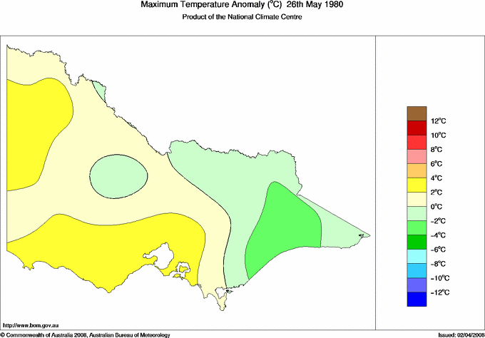 Daily maximum temperature anomaly for Victoria