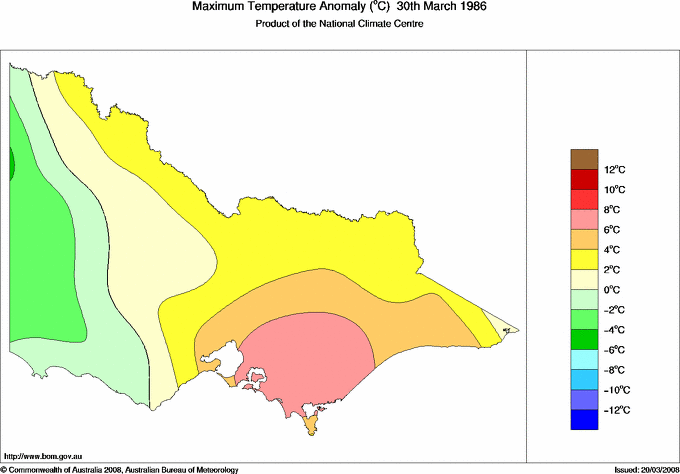 Daily maximum temperature anomaly for Victoria