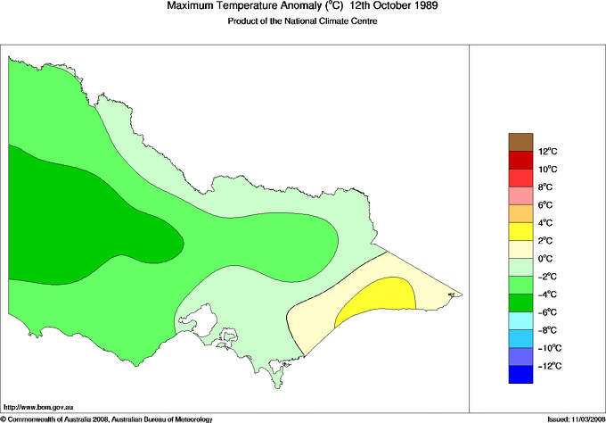 Daily maximum temperature anomaly for Victoria