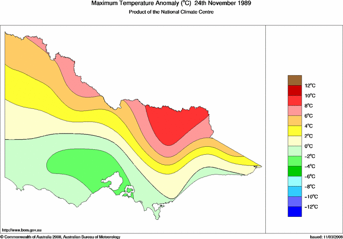 Daily maximum temperature anomaly for Victoria