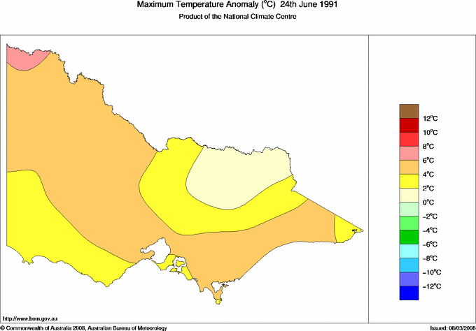 Daily maximum temperature anomaly for Victoria