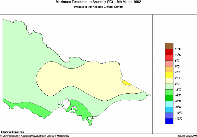 Daily maximum temperature anomaly for Victoria