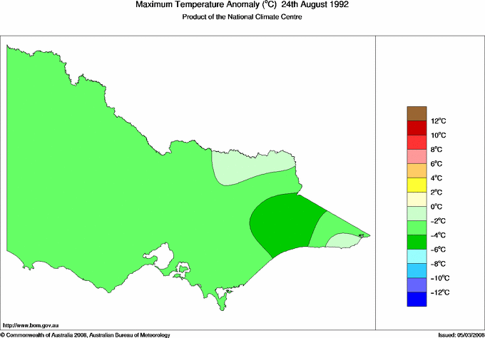 Daily maximum temperature anomaly for Victoria