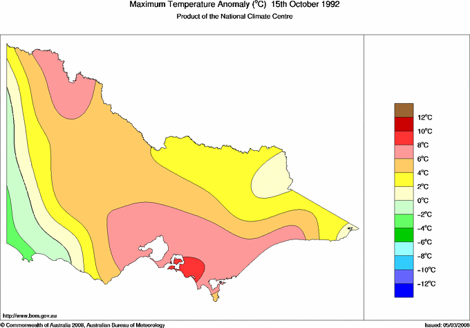 Daily maximum temperature anomaly for Victoria