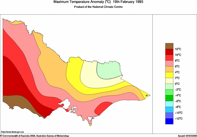 Daily maximum temperature anomaly for Victoria