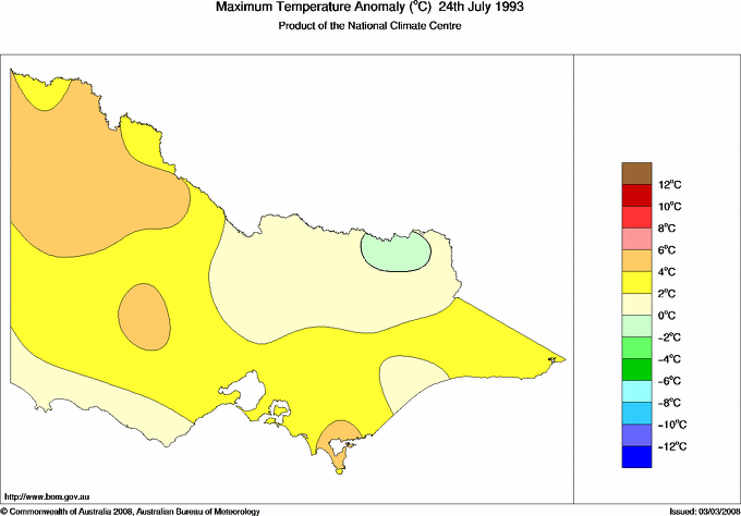 Daily maximum temperature anomaly for Victoria
