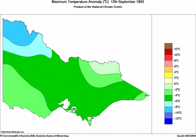 Daily maximum temperature anomaly for Victoria