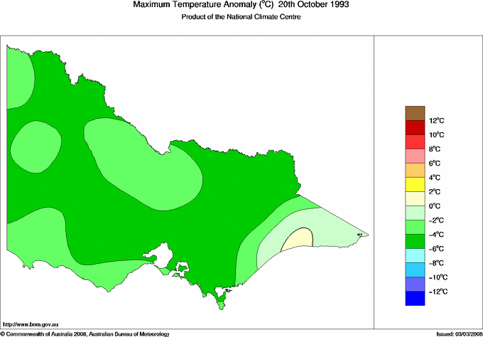 Daily maximum temperature anomaly for Victoria