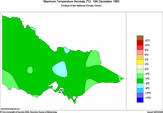 Daily maximum temperature anomaly for Victoria