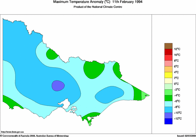 Daily maximum temperature anomaly for Victoria