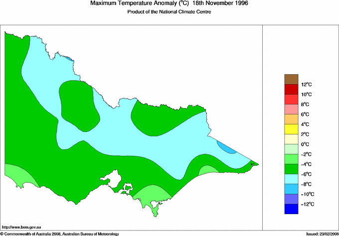 Daily maximum temperature anomaly for Victoria