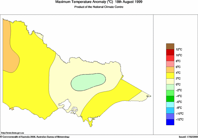 Daily maximum temperature anomaly for Victoria