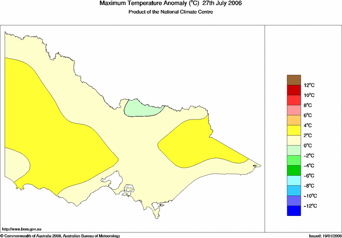 Daily maximum temperature anomaly for Victoria