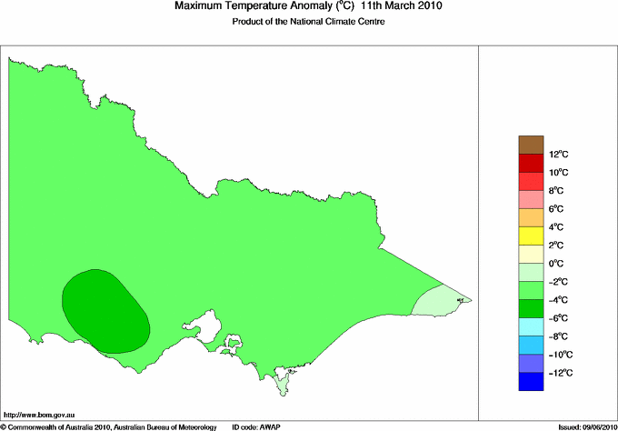 Daily maximum temperature anomaly for Victoria