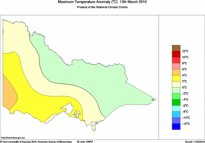 Daily maximum temperature anomaly for Victoria