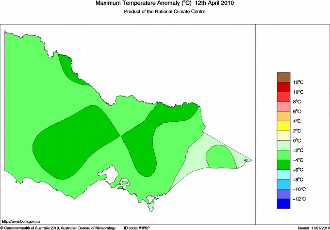 Daily maximum temperature anomaly for Victoria