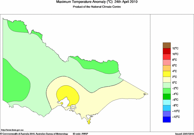 Daily maximum temperature anomaly for Victoria