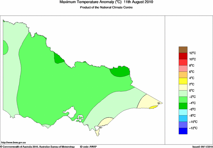 Daily maximum temperature anomaly for Victoria