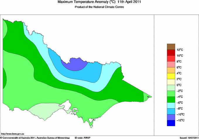 Daily maximum temperature anomaly for Victoria