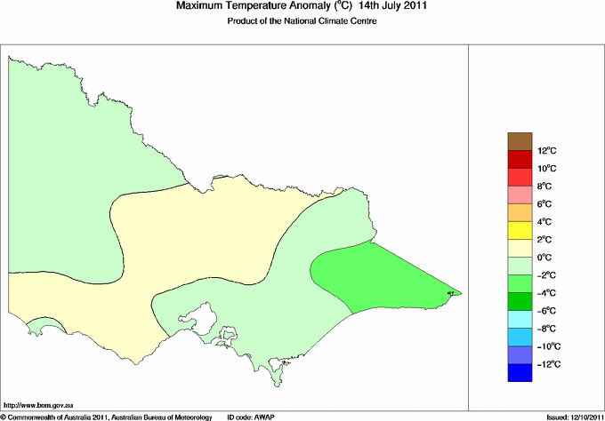 Daily maximum temperature anomaly for Victoria