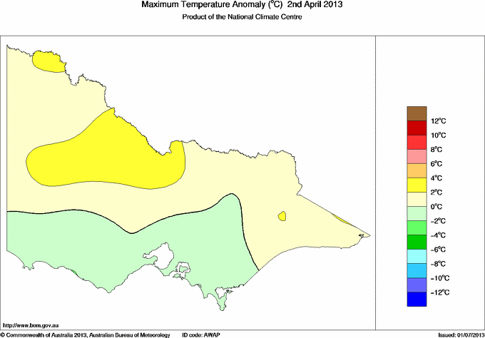 Daily maximum temperature anomaly for Victoria