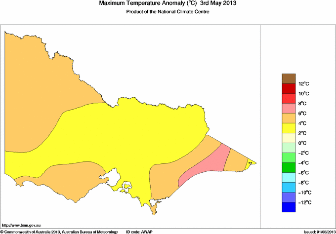 Daily maximum temperature anomaly for Victoria