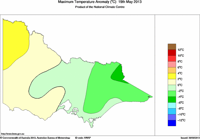 Daily maximum temperature anomaly for Victoria