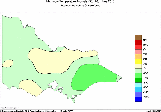 Daily maximum temperature anomaly for Victoria