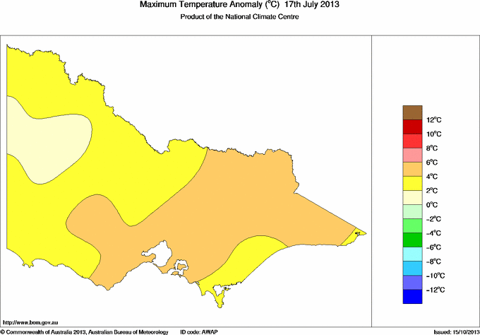 Daily maximum temperature anomaly for Victoria
