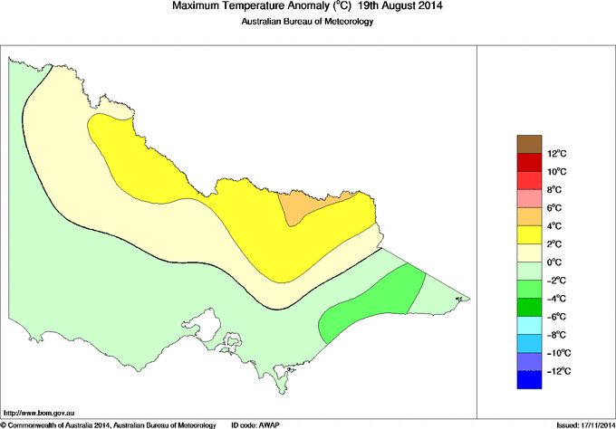Daily maximum temperature anomaly for Victoria