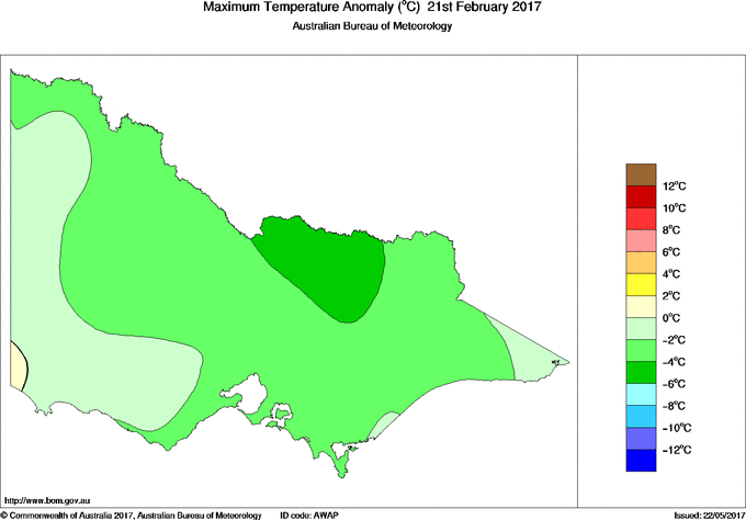 Daily maximum temperature anomaly for Victoria