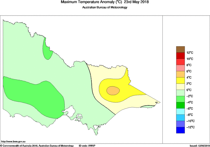 Daily maximum temperature anomaly for Victoria